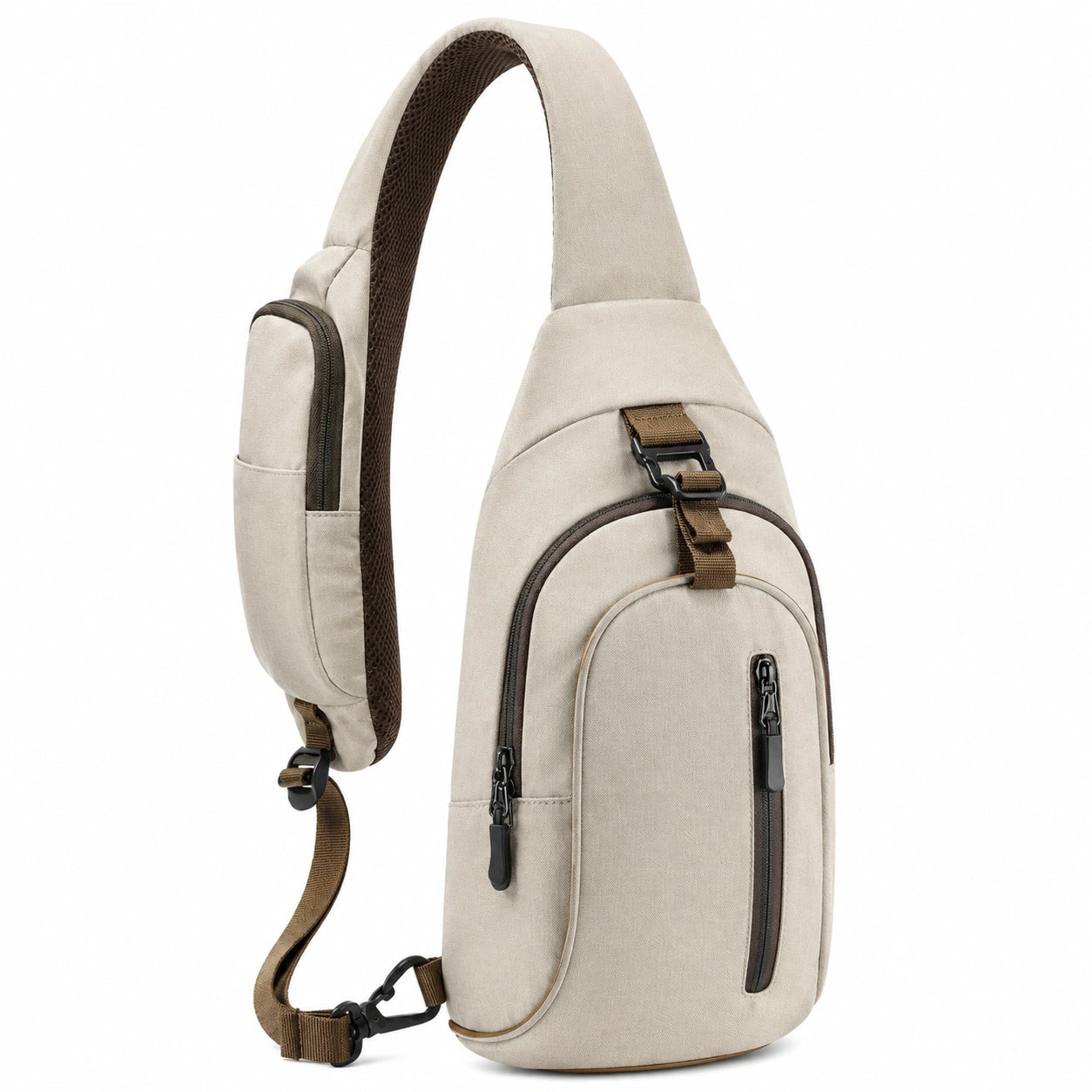 Borsa monospalla 18 x 8 x 32 cm in tessuto beige con tasche zip e tracolla regolabile