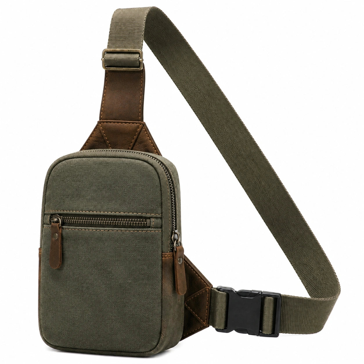Borsa a tracolla 16 x 7 x 28 cm in pelle sintetica verde oliva e marrone con cinghia regolabile