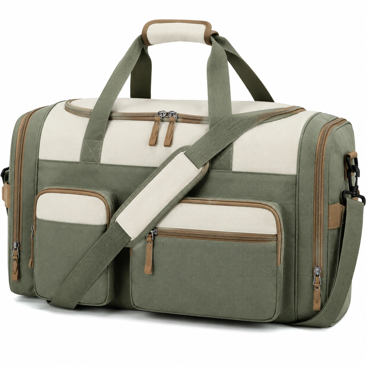 Borsa da viaggio 50 x 25 x 28 cm in tessuto verde e beige con tracolla removibile e tasche
