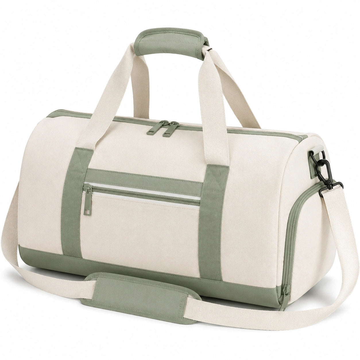 Borsone sportivo 48 x 25 x 25 cm in tessuto beige e verde - tracolla regolabile e tasca frontale