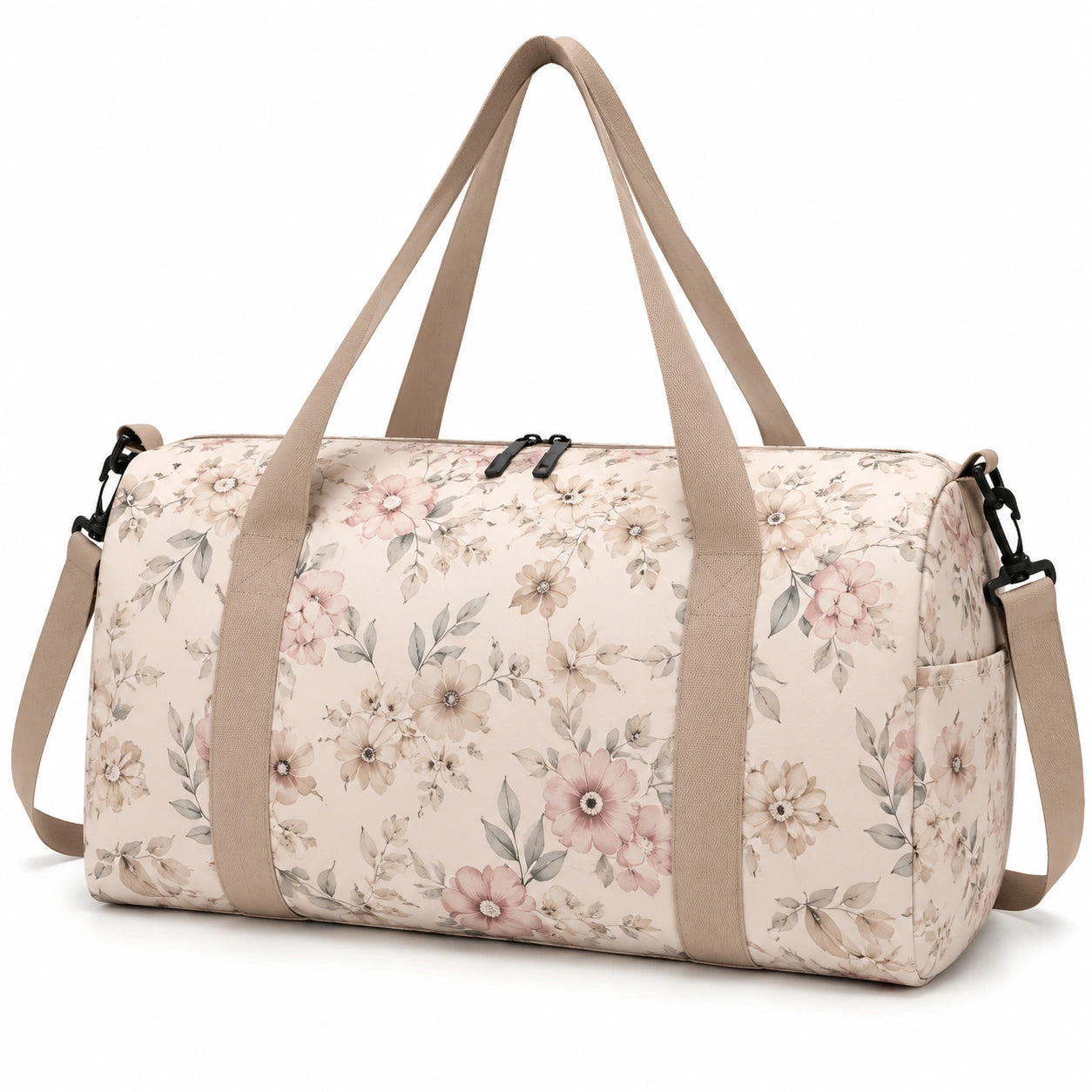 Borsone da viaggio 50 x 25 x 30 cm in poliestere beige floreale con tracolla regolabile