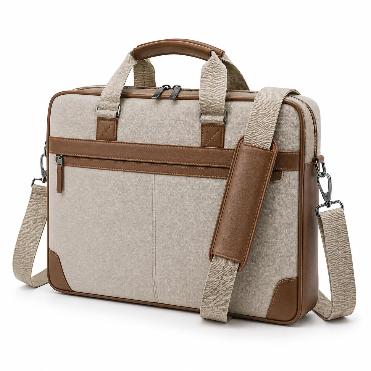 Borsa portadocumenti 40 x 8 x 30 cm in tela beige e similpelle marrone con tracolla