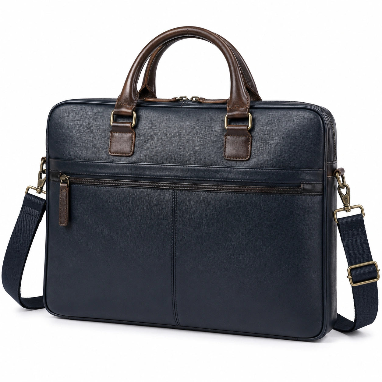 Borsa portadocumenti 40 cm in materiale sintetico effetto pelle blu scuro e marrone con tracolla regolabile
