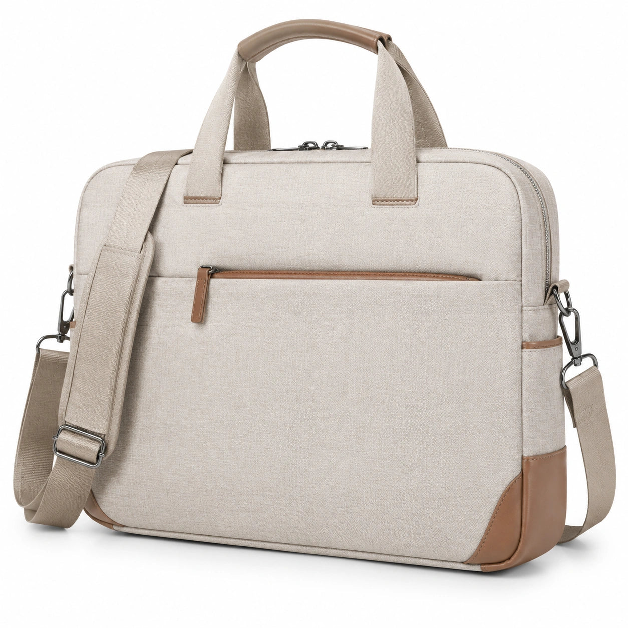 Borsa porta computer 40 cm in tessuto beige con tracolla regolabile e tasca frontale