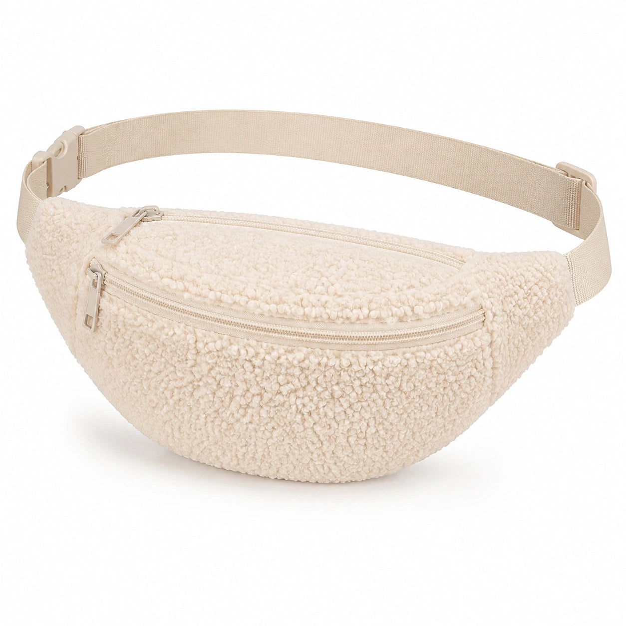 Marsupio 32 x 8 x 16 cm in tessuto bouclé beige con doppia tasca e cintura regolabile