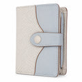Portafoglio compatto 12 x 9 x 3 cm in similpelle azzurro e beige con chiusura a bottone
