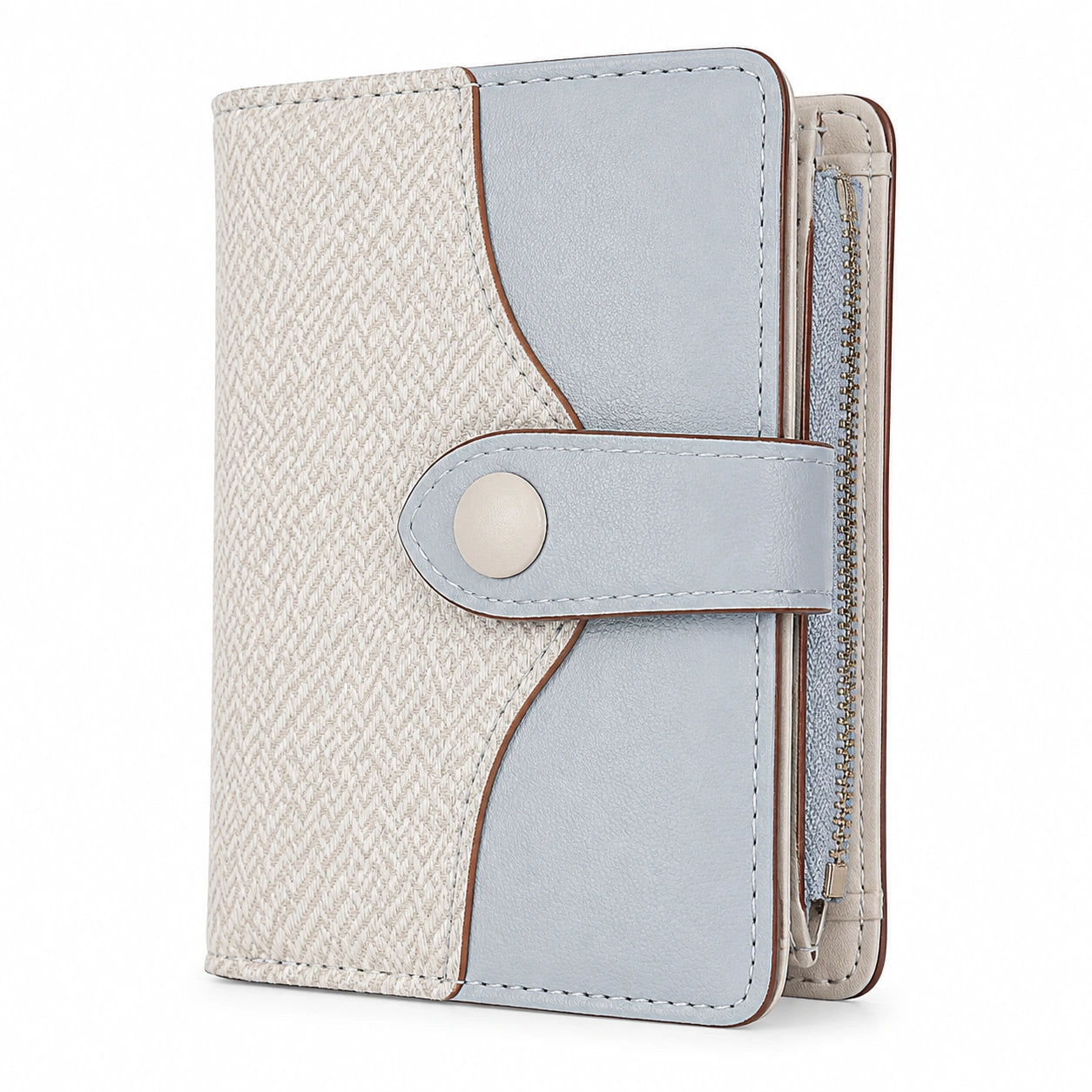 Portafoglio compatto 12 x 9 x 3 cm in similpelle azzurro e beige con chiusura a bottone