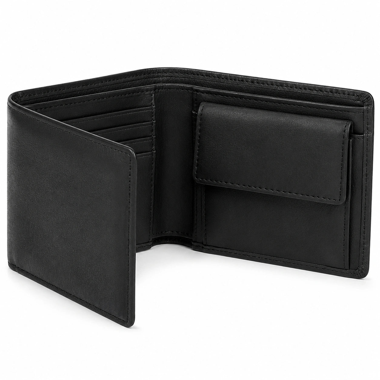 Portafoglio bifold 12 x 9.5 x 2 cm in similpelle nera con portamonete stile classico