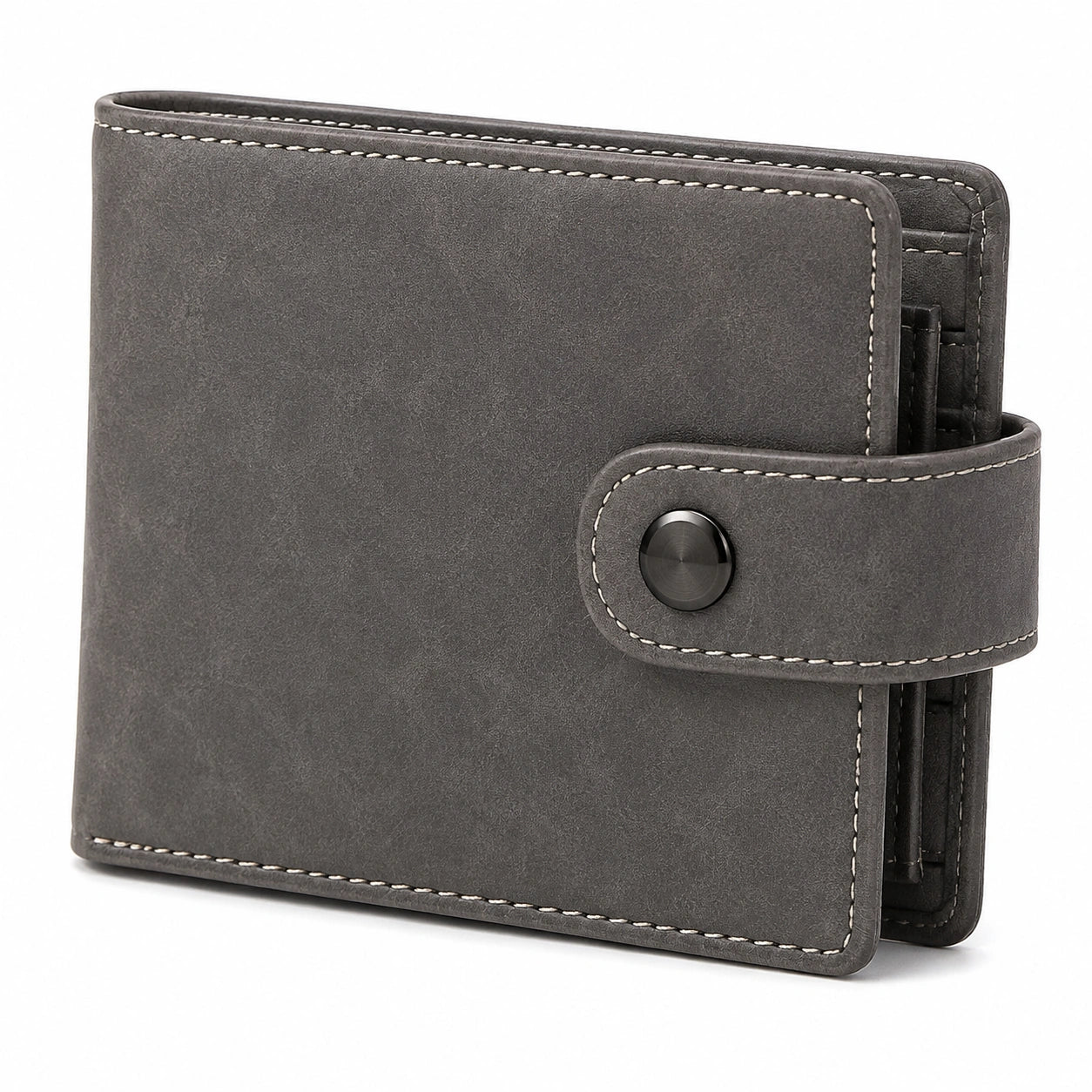 Portafoglio uomo 12 x 9.5 cm in materiale sintetico grigio con chiusura a bottone - compatto per carte e banconote