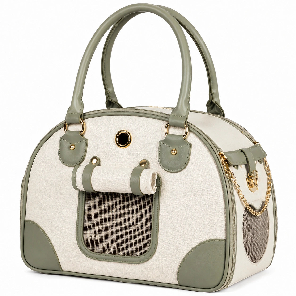 Borsa trasportino per animali 45 x 25 x 35 cm in tessuto beige e verde con rete e manici