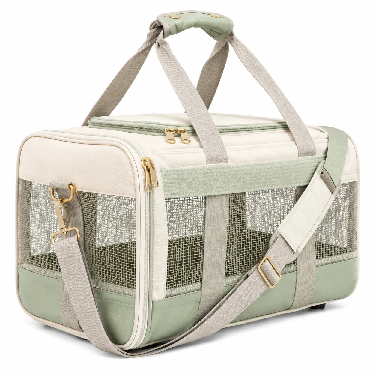 Trasportino per animali 45 x 28 x 30 cm in tessuto e rete verde salvia con tracolla regolabile
