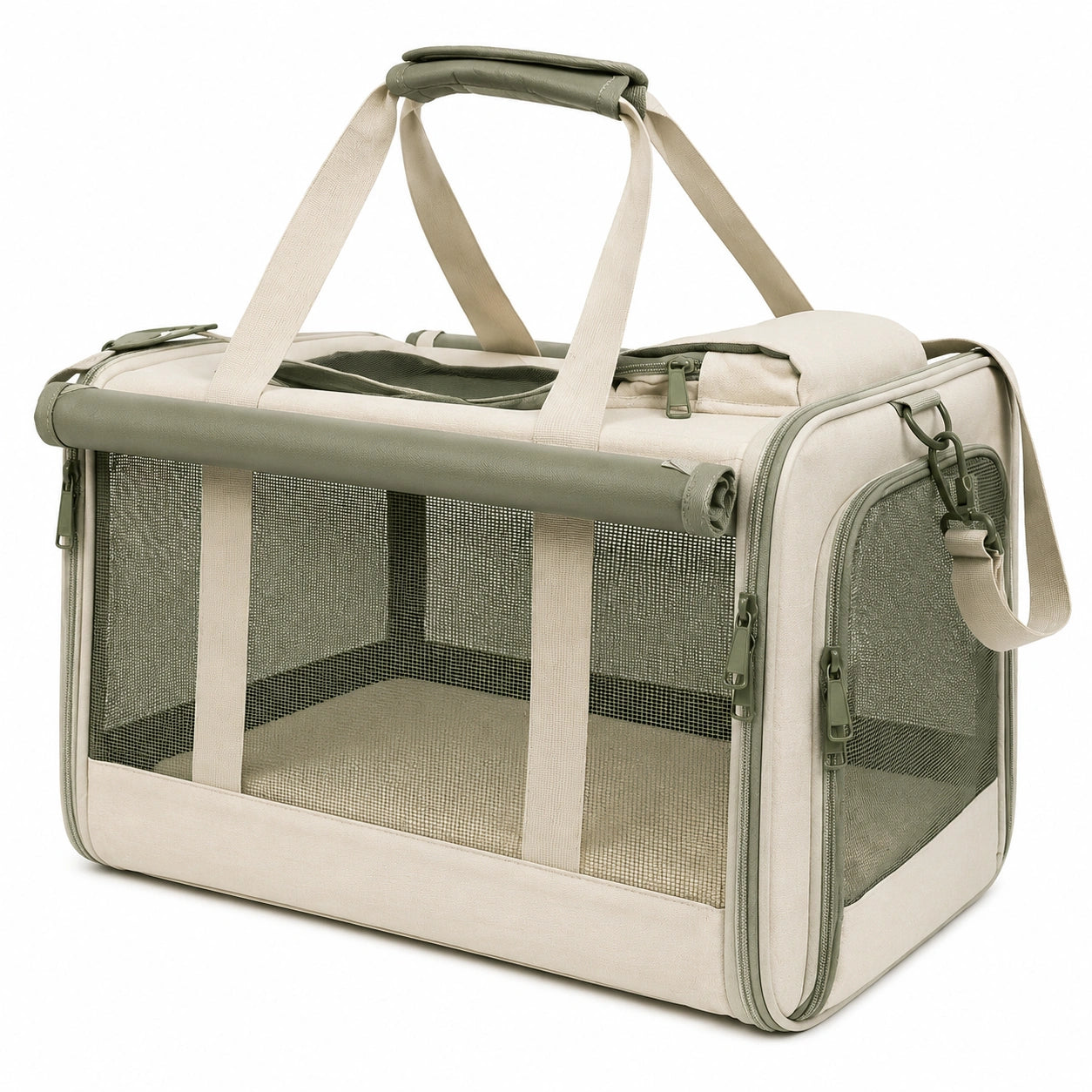 Trasportino per animali 50 x 30 x 32 cm in tessuto beige e verde con rete traspirante pieghevole