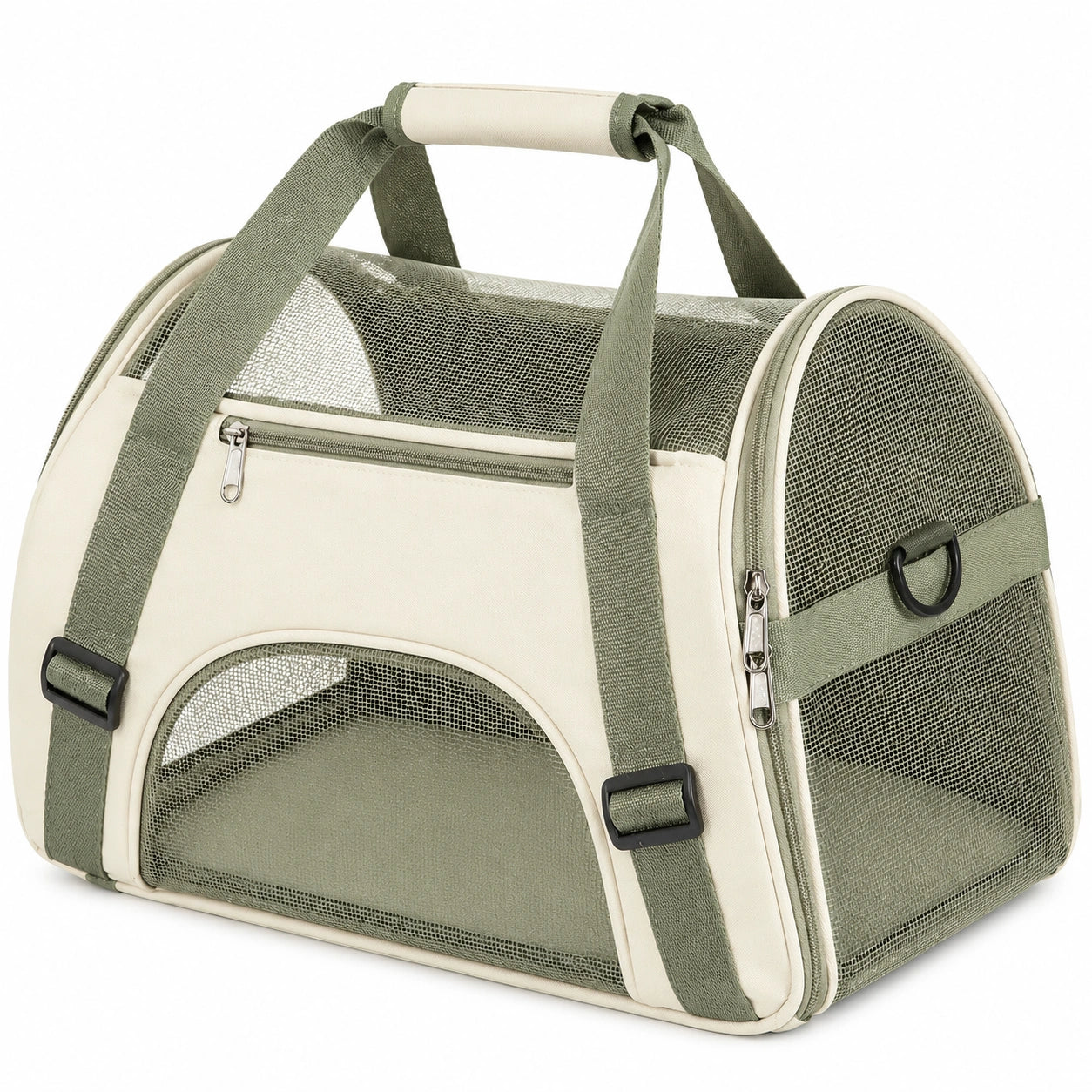 Trasportino per animali 45 x 28 x 28 cm in tessuto e rete verde oliva e beige - pieghevole e ventilato