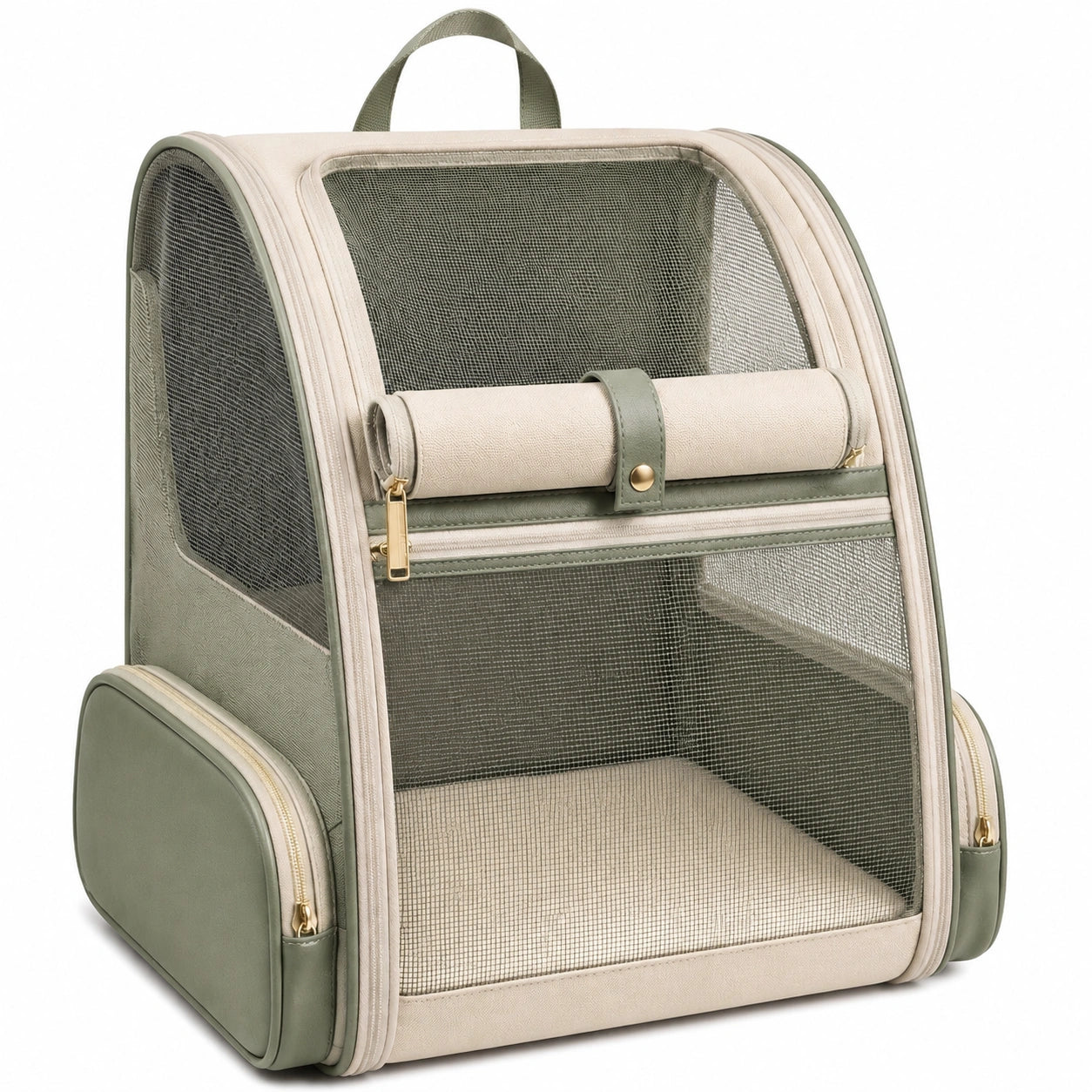 Zaino trasportino per animali 42 x 30 x 45 cm in tessuto beige e verde con rete traspirante