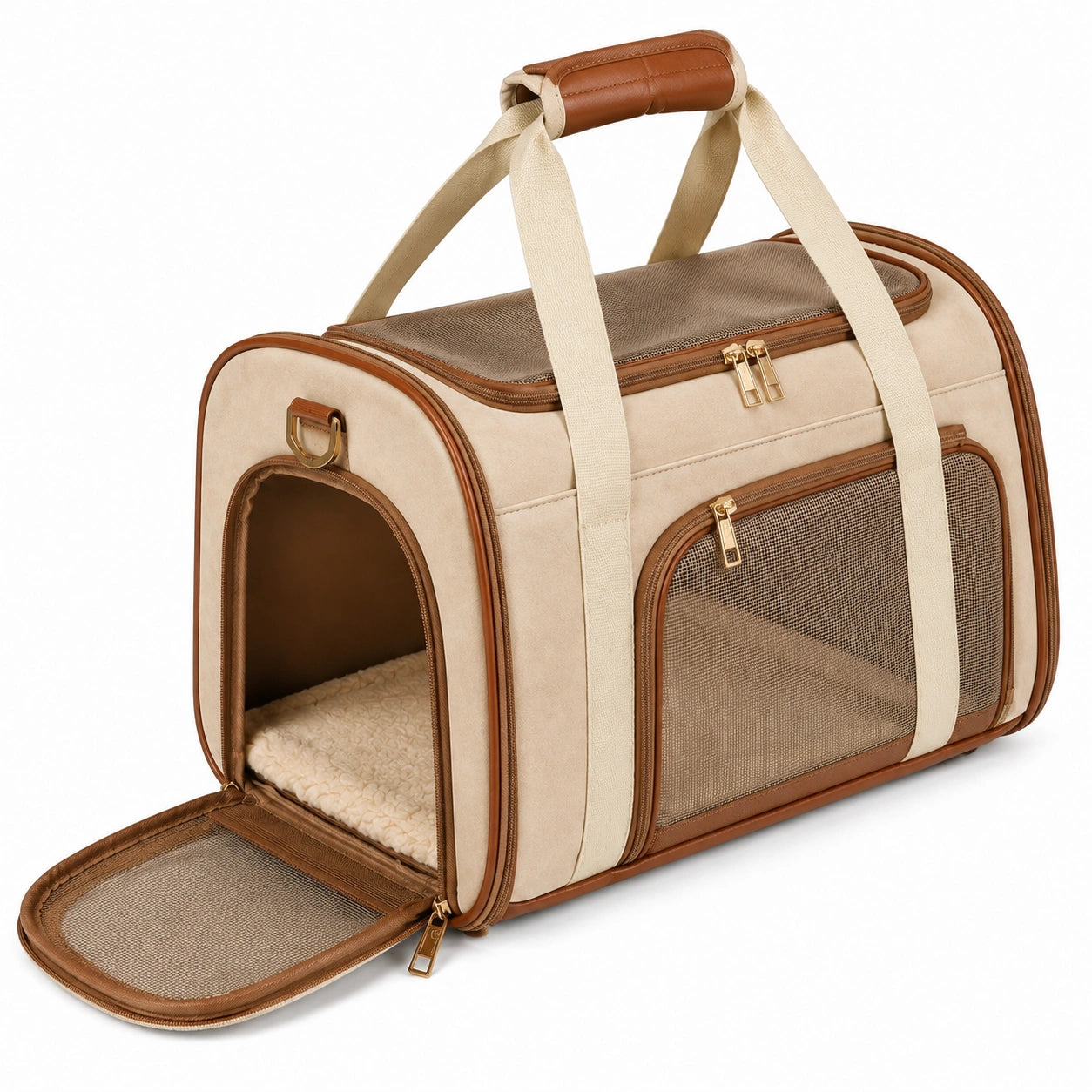Trasportino per animali 45 x 28 x 30 cm in tessuto beige e marrone con rete e manici