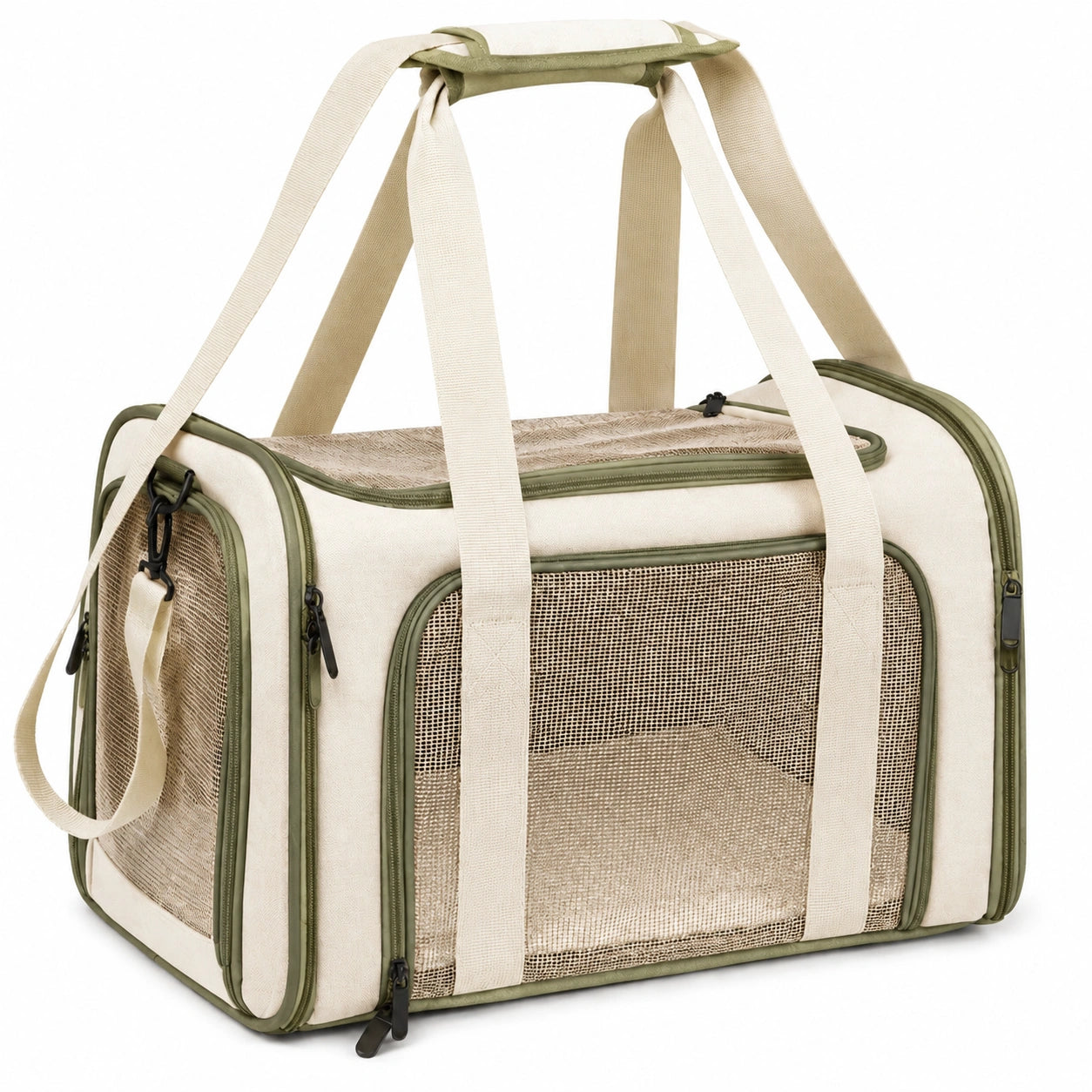 Trasportino per animali 45 x 30 x 30 cm in tessuto beige e verde con rete - pieghevole e ventilato