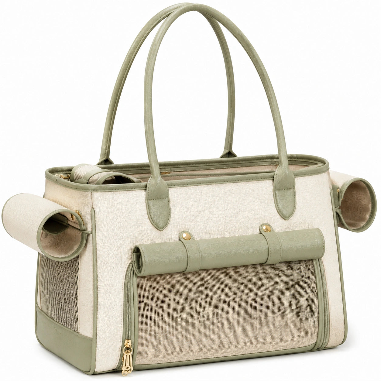 Trasportino per animali 45 x 25 x 30 cm in tessuto beige e verde salvia con rete traspirante