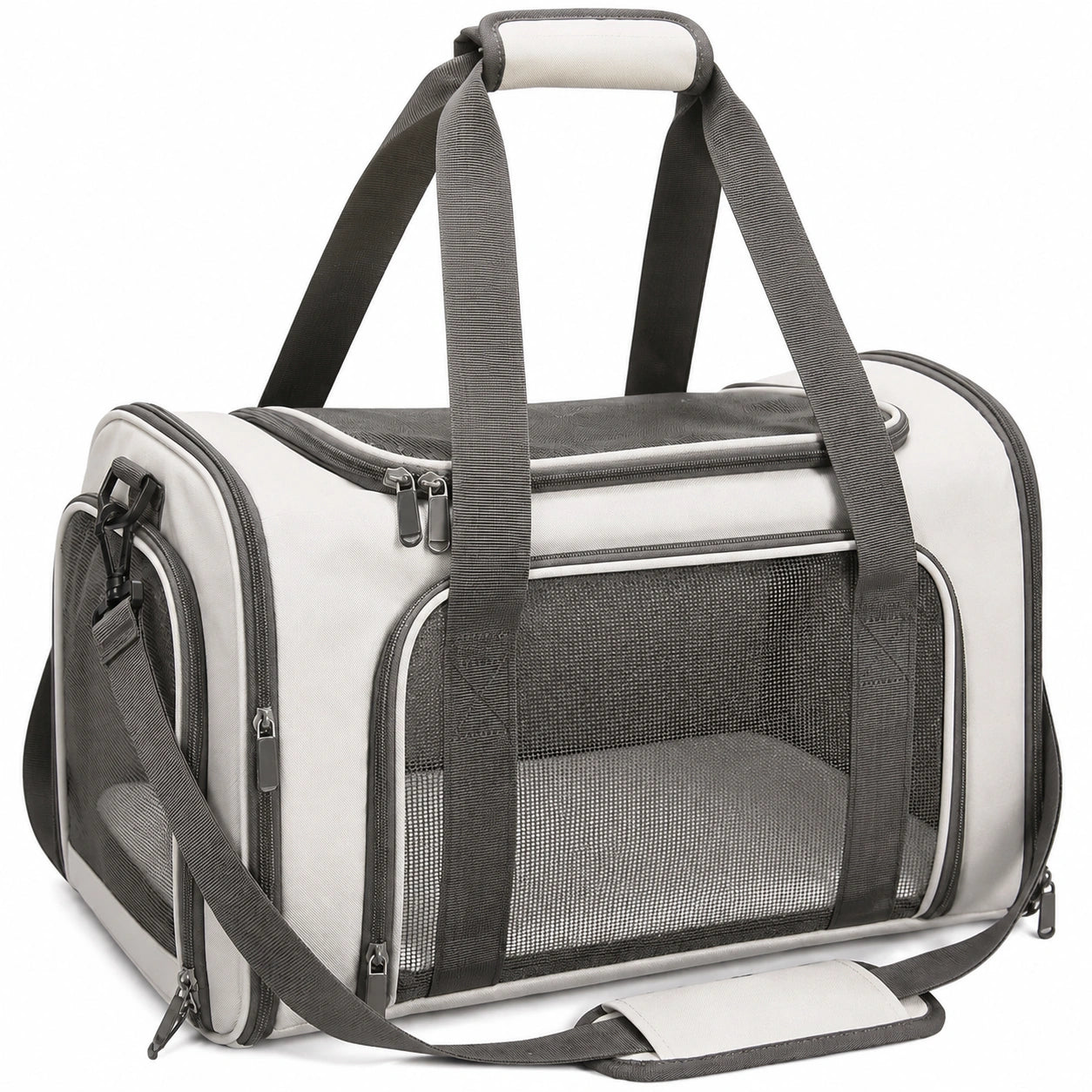 Borsa trasportino per animali 50 x 30 x 30 cm in tessuto grigio e nero con rete e tracolla