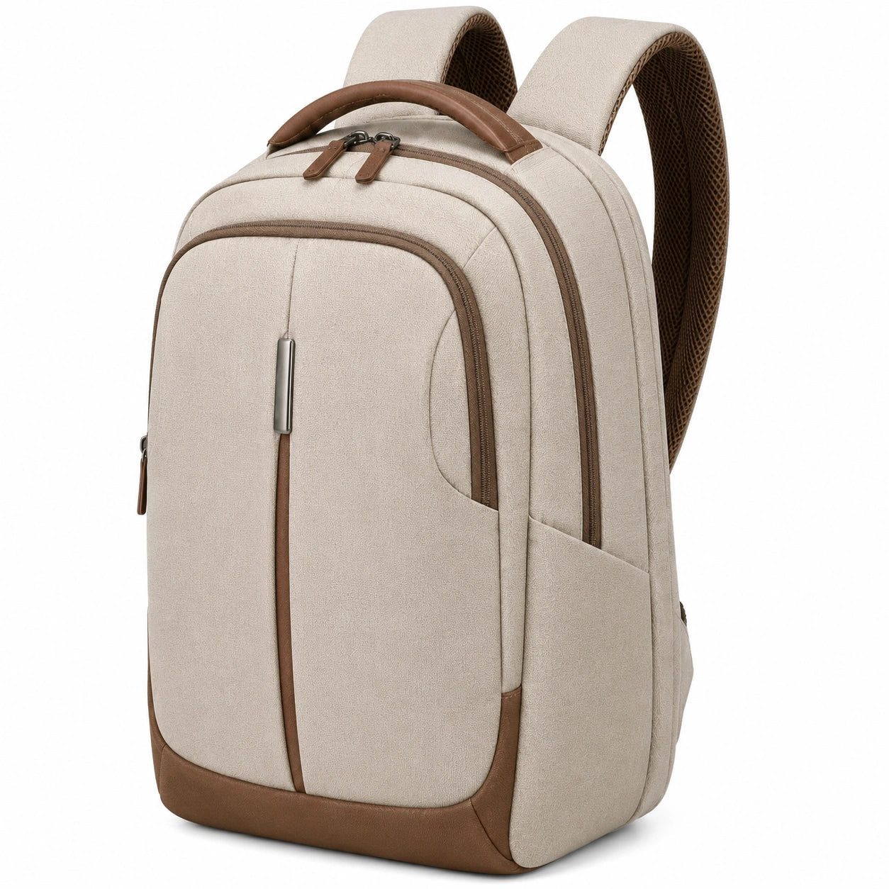 Zaino porta laptop 32 x 18 x 45 cm in poliestere beige e marrone con scomparti multipli