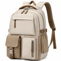 Zaino 30 x 16 x 42 cm in materiale sintetico beige con tasche multiple e spallacci imbottiti