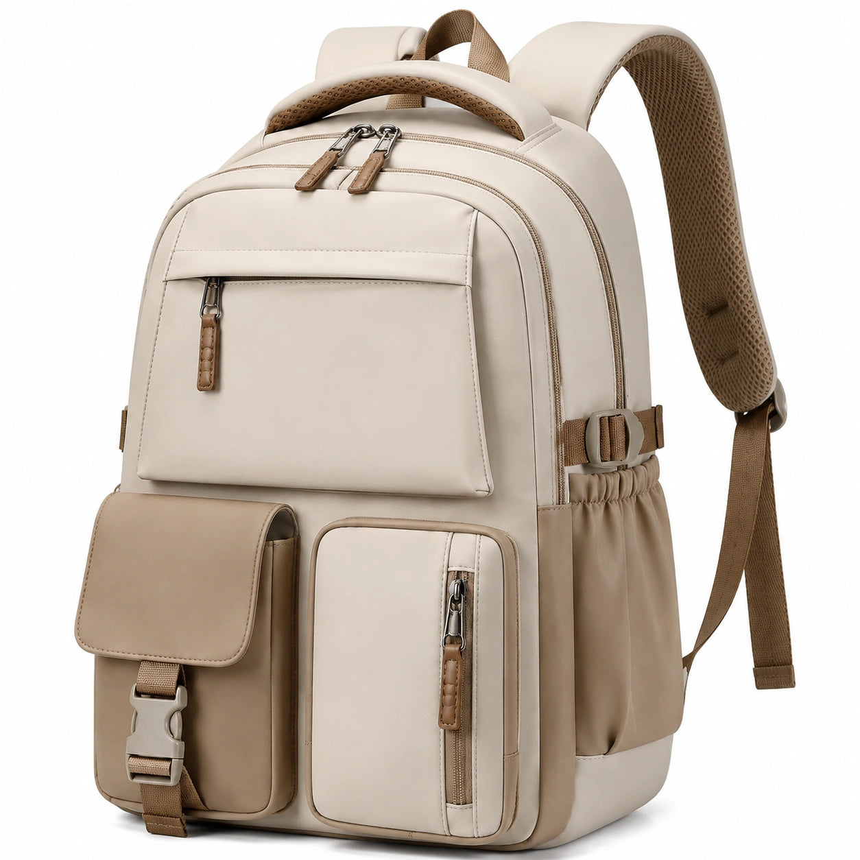 Zaino 30 x 16 x 42 cm in materiale sintetico beige con tasche multiple e spallacci imbottiti