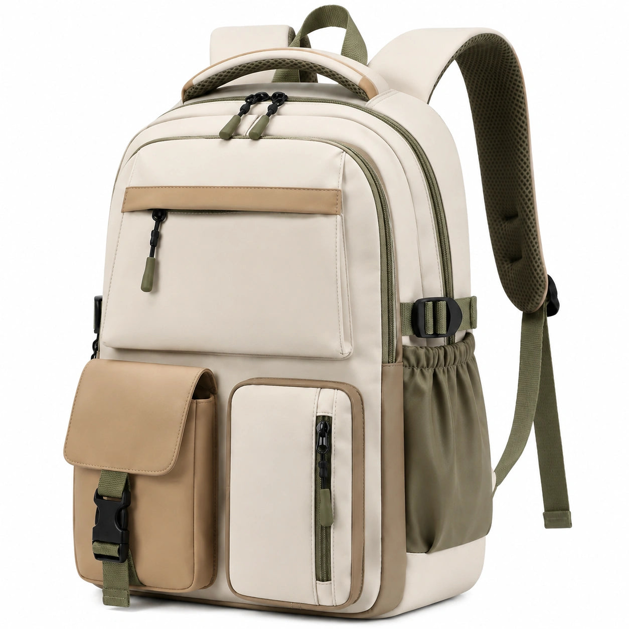 Zaino 30 x 18 x 45 cm in tessuto sintetico beige kaki multitasche da viaggio