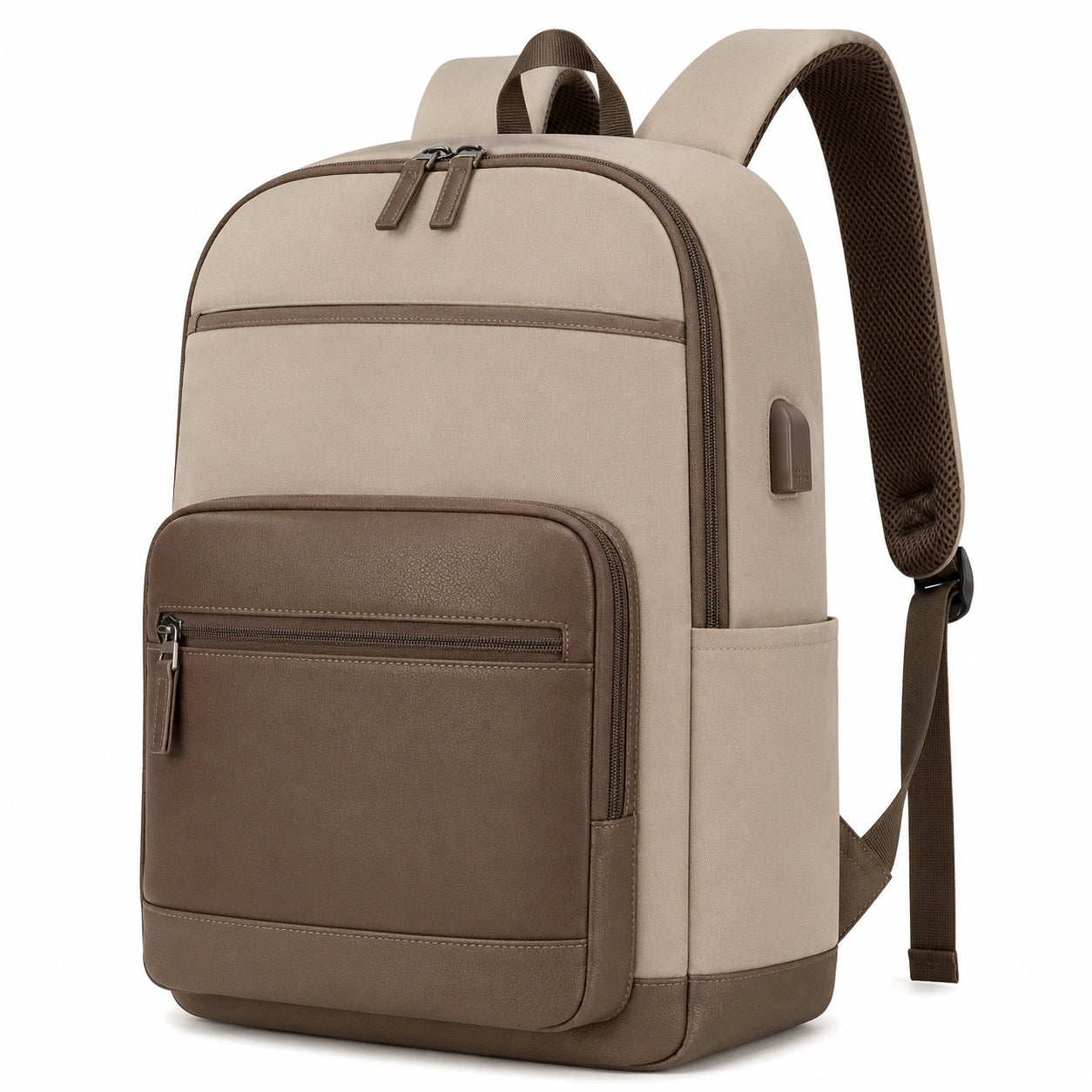 Zaino 30 x 15 x 42 cm in tessuto beige e marrone con inserti effetto pelle per lavoro e tempo libero