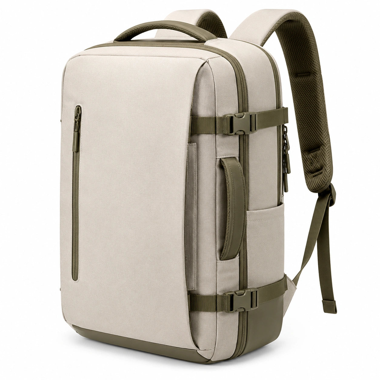 Zaino da viaggio 30 x 20 x 45 cm in tessuto sintetico beige e verde oliva con scomparto espandibile